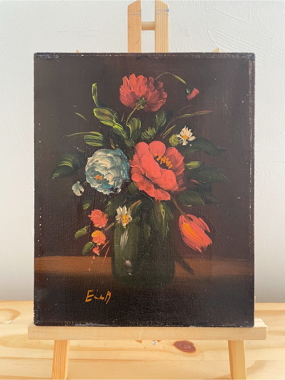Vintage Original Floral Oil Painting Dark Moody Chiaroscuro Still Life 8"x10"